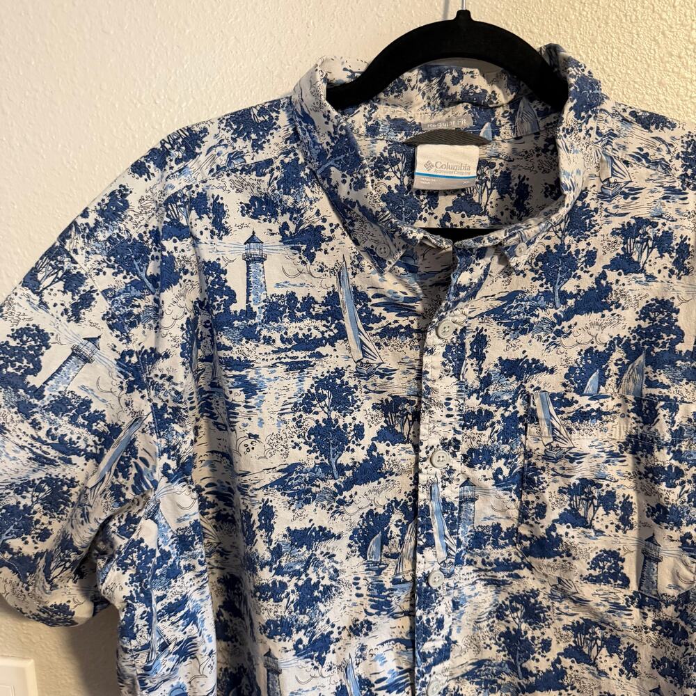 Columbia Blue Lighthouse Sailboat Print Short Sleeve Button Down Shirt Men's XL